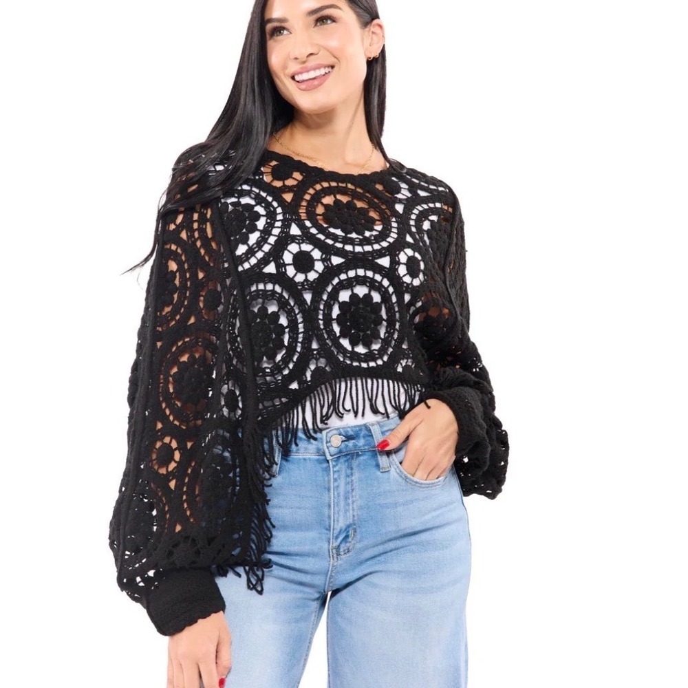 BIBI Womens Black Crochet Lace Fringe Cropped‎ Sweater Boho Long Sleeve Medium